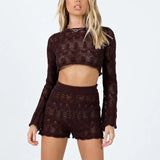 Yipinpay Women 2PCS Pants Suit Striped Plain Long Sleeve Knitted Hollow Crew Crop Tops High Rise Shorts Ladies Summer Bar Party Wears