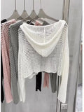 Yipinpay Summer New Short Hooded Hollow Knitwear Women's Thin Long sleeved Loose Top Sunscreen Cover