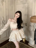 Yipinpay Two Piece Set Women Slash Neck Drawstring Flower Blouse Halter Shirts High Waist Puffy Layered Mini Skirts Solid Crop Top