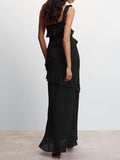 Yipinpay Fashion Women Slip Dress Sleeveless One-Shoulder Ruffled Slip Dress Summer Long Slit Dress For Cocktail Party Street Style