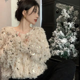 Yipinpay Sleeve Top Y2k Clothes Sueter Mujer Korean Fashion Oversized Sweater Jumper Pullover V Neck Sweet Sequin Sweaters Women