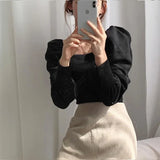 Yipinpay Velvet 2023 Shirts for Women Chic Square Pleated Puff Sleeve T-shirt Solid Wild Black Knitwear Thin Sweaters Tee Top