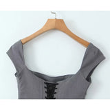 Yipinpay Y2K Women Lace Up Bandage Back Gray Crop Top Short Sleeve Square Neck Ladies Sexy Chic Tops