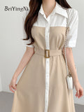 Yipinpay Chic French Korean Single-breasted Midi Dress Women Sashes Elegant Short Sleeve Office Ladies Shirt Dresses Khaki Blue