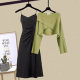 Yipinpay Autumn/Winter New Dress Matching Set Women's Chic Irregular Knit Sweater Sling Skirt Two Piece Korean Elegant Pullover Suit