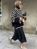 Yipinpay Winter Women¡¯s Long Sleeves Knit Sweater Turtleneck Striped Print Loose Pullover Tops 2024 New Autumn Oversized Sweater