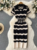 Yipinpay Short Sleeves Striped Long Dress Lapel Neck Hollow Out Slim Bodycon Sundress Fashion Hotsweet Knitted Beach Midi Dress