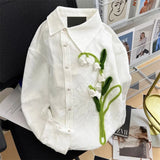 Yipinpay Long Sleeve 3D Flower Shirt Blusa Feminina White Blouses for Women Fashion 2023 Embroidery Tops Lady Casual Shirts