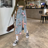Yipinpay Fashion Denim Long Skirts For Womens Summer Blue High Waist Raw Edge Slit Vintage Washed Printing Korean Style Casual Skirts