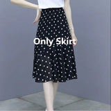 Yipinpay Summer New Short-sleeved T-shirt Chiffon Polka Dot Skirt Two-piece Set Women's All-match White Top Black Midi Skirts Suit