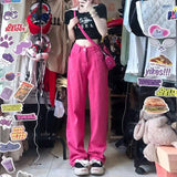 Yipinpay Pants Women Retro Pink Pocket High Waist Straight Pants Women Casual Streetwear Mom Pants For Woman Denim Jeans