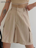 Yipinpay High Waisted Cargo Shorts Women Double Pocket Pleated 2023 Summer Casual Shorts Solid Straight Lady Pink Wide Shorts