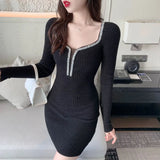 Yipinpay Wrap Hip Short Square Collar Sweater Dress Bodycon Slim 2023 Winter Black Knitted Dress Robe Gentle Vestidos Mujer