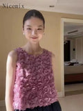 Yipinpay Fashion Women Clothing Romantic Retro Style Round Neck Summer Tank Purple 3D Flower Loose Sleeveless T-shirt Women Top