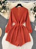 Yipinpay Korean Style Casual Bodysuits O Neck Long Sleeves Hollow Out Backless Drawstring Elastic Waist Women Shorts Jumpsuits