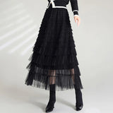 Yipinpay Solid Color Cake Long Skirt Mesh Puffy Women Sexy Korean Floor Length Party Skirts Loose Elastic Female Ball Gown Summer