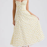 Yipinpay Sexy Elegant Women Lace Patchwork Floral Print Sling Midi Dresses Holiday Summer Lady Party Vestidos Cotton Robe