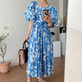 Yipinpay Square Blue Ink Dress Women Backless Lace Up Vintage Maxi Dresses Vestidos De Mujer Elegant Lantern Short Sleeve Print