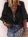 Yipinpay Summer Shirt Sexy Lace Patchwork Flared Sleeve Mesh Solid Blouse Women Zipper V-Neck Loose Casual Tops T-Shirt Streetwear