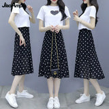 Yipinpay Summer New Short-sleeved T-shirt Chiffon Polka Dot Skirt Two-piece Set Women's All-match White Top Black Midi Skirts Suit