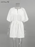 Yipinpay Elegant Jacquard White Rompers Summer Women Casual Hollow Out Playsuits Office Ladies Cotton Short Sleeve One-Pieces