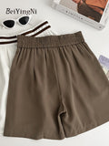 yipinpay Office Ladies Suit Shorts Striped Elastic Waist Pockets Chic Korean Fashion Wide Leg Short Pants Women Summer Casual