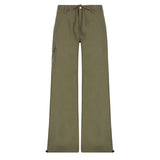 Yipinpay Women's Pocket Casual Pant Vintage Fashion Self Cultivation Low Rise Waist Straight Drawstring Trouser Simple Casual Cargo Pants