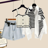 Yipinpay Women's Summer New in Matching Set Korean Elegant Stripe Sunscreen Shirt Tank Top Denim Shorts Three Piece Female Clothing Suit