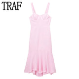 Yipinpay Pink Corset Dress Woman Ruffle Summer Long Dress Women Textured Backless Sexy Dresses Elegant Party Dresses For Women