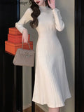 Yipinpay Fashion Midi Knitted Dress Women Elegant Chic Half High Collar Sweater Dress Autumn Warm Casual Slim Y2k Party Dress 2023