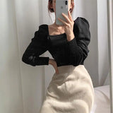 Yipinpay Velvet Square Neck Slim Fit Pleated Bubble Sleeve T-shirts Spring Ropa Mujer 2023 Shirts for Women Black Tops Knit