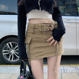 Yipinpay Mini Cargo Skirt Denim Women Y2k Vintage High Waist Belt Pocket Sexy Slim Pencil Skirt Korean Streetwear Summer Gyaru
