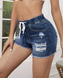 Yipinpay Summer New Women Elastic Waist Ripped Denim Shorts Fashion High Stretch Skinny Sexy Tassel Shorts Jeans S-2XL