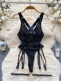 Yipinpay French Style Striped Erotic Playsuits Women Strap Hollow Out Backless Slim Underwear Black Lingerie Sexy Bodysuits
