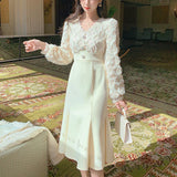 Yipinpay Long White Dress Women French Vintage V-neck Lace Slim Y2K Dress Spring Korean One Piece Casual Evening Party Dress 2023