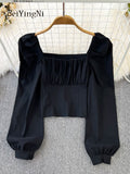 Yipinpay Puff Sleeve Square Collar Shirts Women Elegant Sexy Ruched Korean Female Blouses Streetwear Y2K Harajuku Blusas Tops