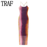 Yipinpay Tie Dye Tulle Long Dress Women Summer Slip Bodycon Dress 2023 Backless Sexy Summer Dresses Midi Evening Party Dresses