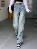 yipinpay Jeans Star Patchwork Pant Women Straight Leg Denim Pants Pocket Low Rise Vintage Casual Streetwear Baggy Jean 90s