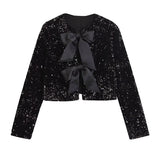 Yipinpay New Women Contrast Color Bow Sequin Jacket Long Sleeve O Neck Female Party Elegant Crop Coat