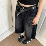 Yipinpay Women Black Y2k Style Baggy Denim Shorts Wide Leg Short Pants Fashion High Waisted Dark Wash Knee Length Jeans Female Casual