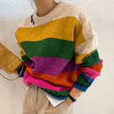 Yipinpay Vintage Contrast Oversized Sueter Fairy Grunge Pullover O Neck Rainbow Sweaters Winter Striped Knitting Sweater Women