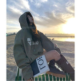 yipinpay Women Green Hoodie Letter Print Drawstring Sweatshirt  Korean Fashion Hip Hop Leisure Fleece Thicken Winter New Tops Pullover