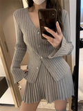 Yipinpay Autumn Grey Knitted Suit for Women Korean Slim Short Cardigan Top High Waist Fashion Skirt Suit Outfit 2 Piece Set Chic