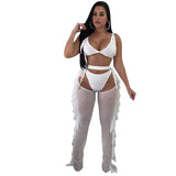 Yipinpay Hollow-Out Sexy Women's Solid Color Mesh Nail Beaded Wooden Ear Edge Three-Piece Set Fashion See Through Suit