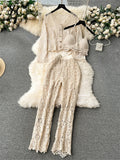 Yipinpay Vacation Simple Style Fashion Suits Halter Sexy Camis+Embroidery Cardigan+Hook Flower Hollow Pants Senior Retro Sets