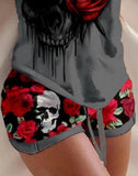 Yipinpay Skull Rose Print Drawstring Pajamas Set 2023 summer women's two piece sets female suit