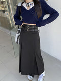 Yipinpay Vintage Belt Long Skirt Women Autumn 90s Aesthetic Streetwear Y2k High Waist Slim A-line Pleated Skirt Korean Style