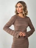 Yipinpay Hollow Out Bodycon Knit Dress Female Patchwork Solid High Waist Long Sleeve Fashion Knitwear Party Dress Gown Streetwear
