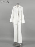 Yipinpay White Street Style Cotton Linen Pants Suits Women Casual 2-Pieces Sets Lapel Shirts And Wide Legs Pants Office Sets