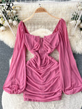 Yipinpay Fashion Sexy Slim Mini Dress Women Ruched Zipper Backless Lantern Sleeve American Streetwear Mesh Party Bodycon Dress
